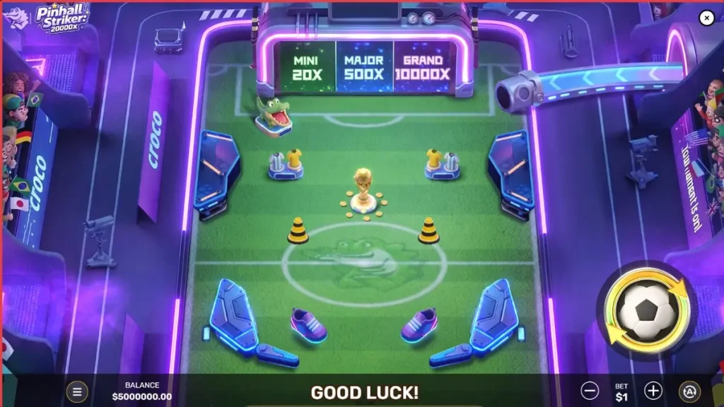 Interface do jogo Pinball Striker 20,000x com temática de futebol e neon