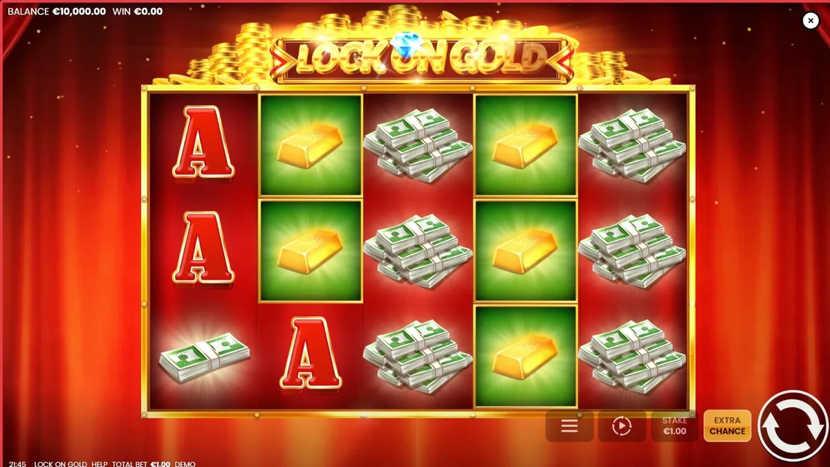 Interface do jogo de slot Lock On Gold com tema de luxo e barras de ouro
