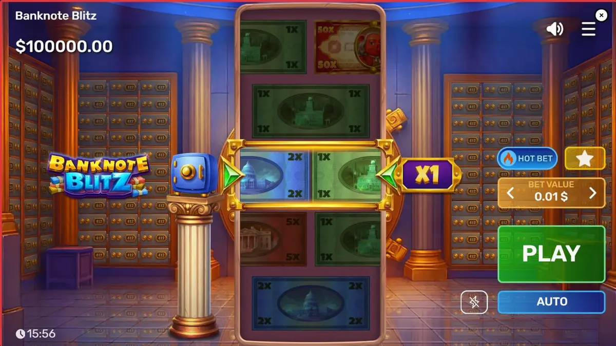 Interface do jogo Banknote Blitz com tema de cofre e notas bancárias