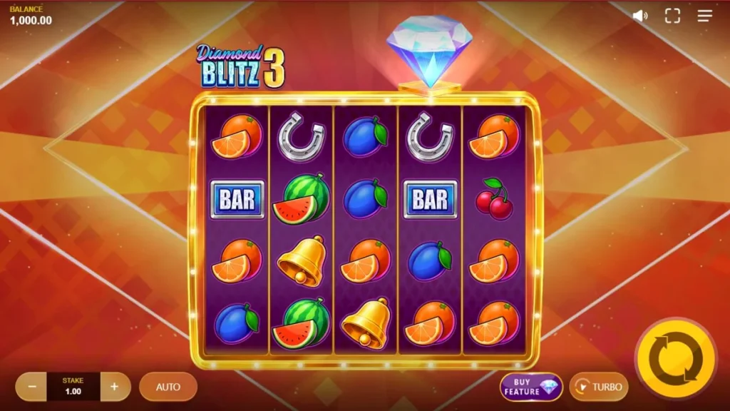 Interface brilhante do slot Diamond Blitz 3 com símbolos de diamantes e frutas